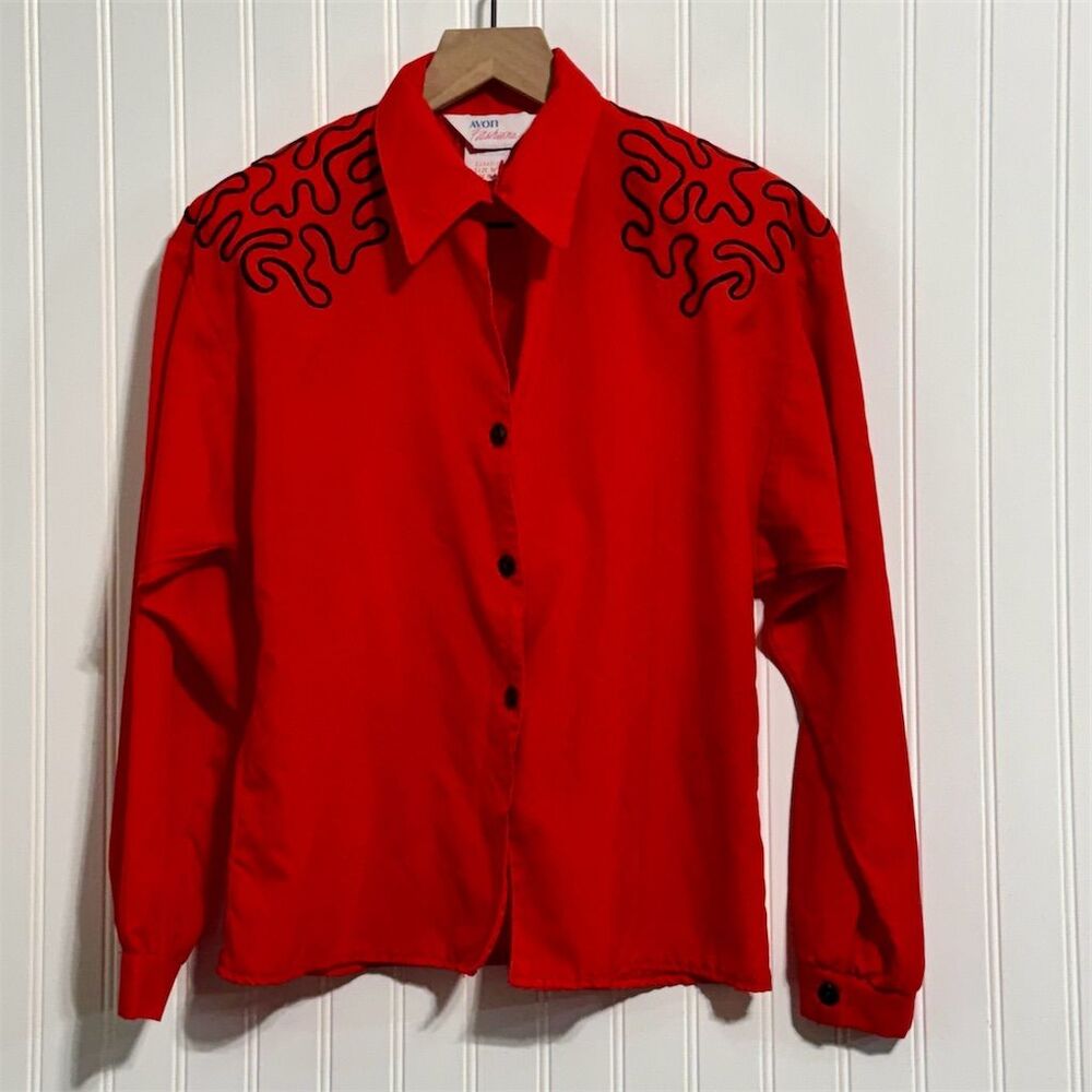VTG Avon Fashions Shirt Women's‎ 9/10 Red Black Abstract Embroidered Western 80s